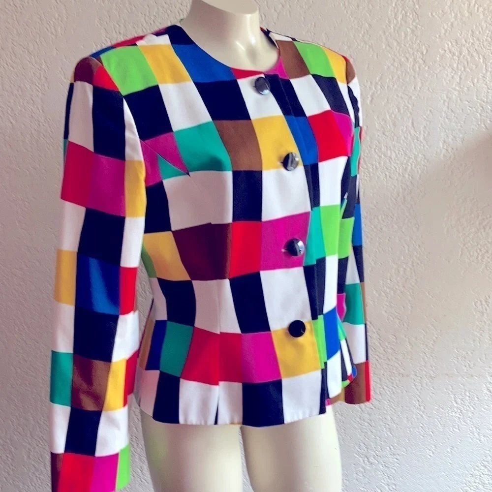𝅺NIPON BOUTIQUE VTG color block 100% cotton blazer Sz 14